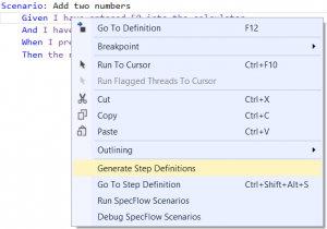 Popup when right clicking in a .feature file