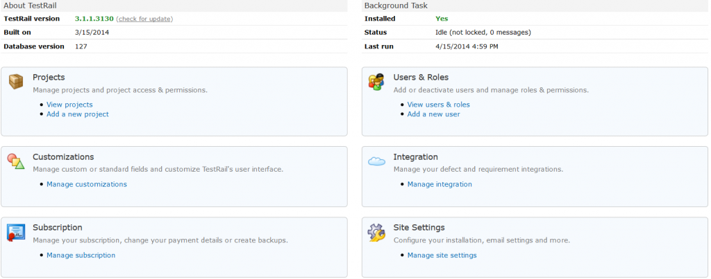 TestRail project administration page