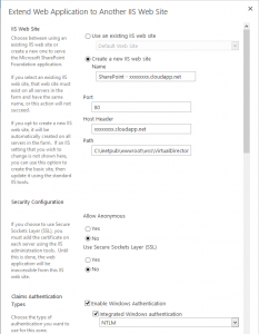 Screenshot of SharePoints pop-up page for extending the web application to the internet zone 